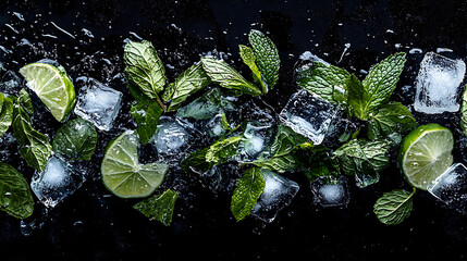 A close up of a drink with ice and lime slices