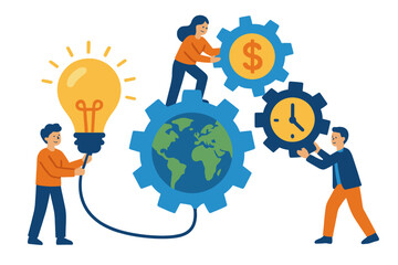 Teamwork connecting global ideas finance and time management concepts