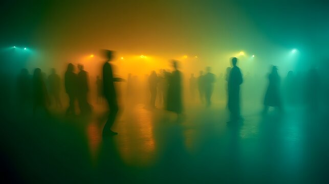 Halloween dance hall blurred moving silhouettes of costumed dancers in foggy neon glow,