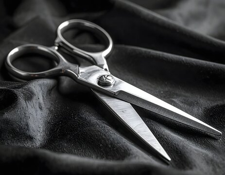 Professional close-up of sharp silver tailoring scissors resting open on a luxurious black wrinkled fabric surface with dramatic lighting and contrast