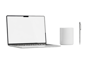 Sleek silver laptop, matte white ceramic mug, and slender silver stylus precisely arranged on a seamless transparent background with soft studio lighting, concept of minimalist product display