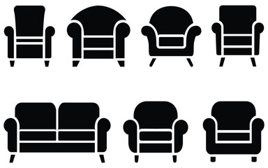 Furniture Icons Set – sofa, couch, and armchair silhouettes for home interior design, living room arrangement, and modern decor vector illustration