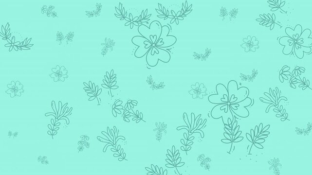 Floral doodle with outlined leaves and fourleaf clovers, creating a whimsical green background design. Perfect for springthemed designs.