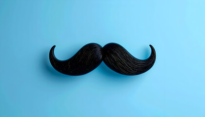 Classic black handlebar mustache accessory on a solid light blue background.