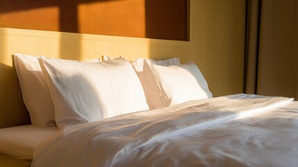 A serene hotel bedroom bated in morning light, featuing a neatly made bed and inimalist decor.