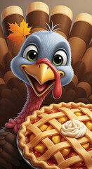 Happy cartoon turkey holding apple pie, autumn leaf on head, against brown feather background Thanksgiving concept, festive illustration