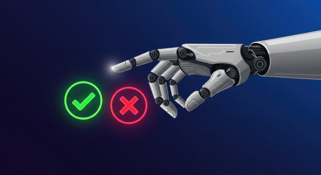 Robot hand choosing between right and wrong options with glowing marks