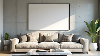 Modern living room with comfortable sofa artwork mockup and bright natural light creating serene ambiance Modern living room interior , ,white blank frames