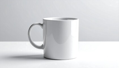 A clean, pristine white ceramic mug, casting a shadow on a reflective white surface against a soft grey backdrop. Simple and elegant
