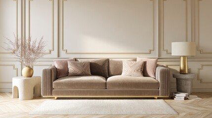 Fototapeta premium muted art deco living room full view, cocoa tone velvet sofa, soft brass cream wall with geometric molding, cinematic soft light with depth
