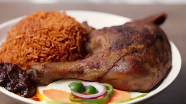 Ghanaian Jollof Rice with Grilled Chicken, Long-grain rice cooked in a rich tomato and pepper sauce, a popular traditional dish from West Africa