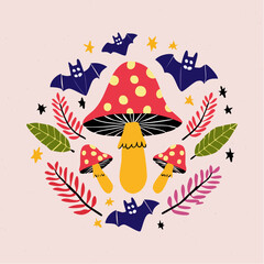 Set of adorable Halloween-themed icons and symbols including a bat, pumpkin, ghost, black bird, and festive card elements.