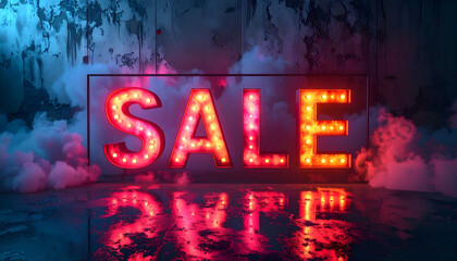 Vibrant Neon Sale Sign with Reflective Surface and Smoky Atmosphere.