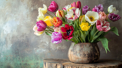 A vase of flowers sits on a wooden table
