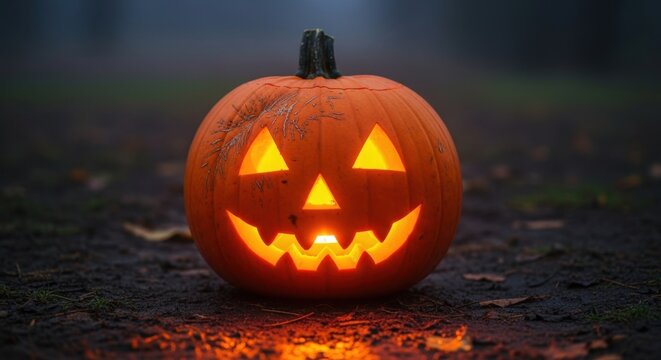 Spooky Halloween Jack O Lantern Glowing in Foggy Autumn Evening Light