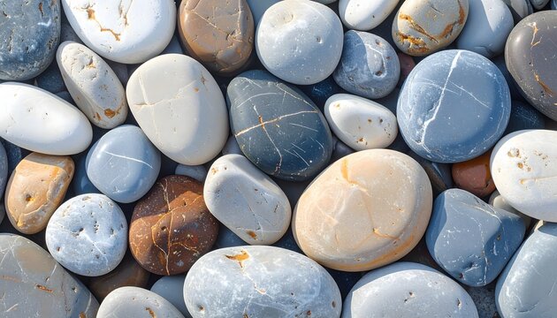 Top-down close-up view of naturally smooth, wet beach pebbles in various colors like white, blue, brown, and grey, creating a full texture
