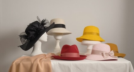 Collection of elegant hats displayed on a table.