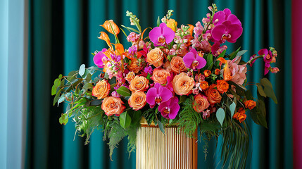A vase of flowers with a green curtain behind it