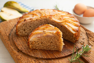 Whole-wheat cake with baked pear and cinnamon. Step-by-step recipe to learn how to cook.