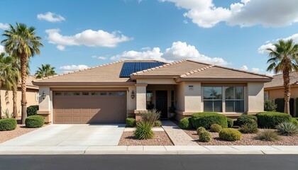 Fototapeta premium Suburban home with solar panels. Exterior design includes desert style landscaping, two car garage. Modern architecture features sustainable eco-friendly living. Building renewable energy solutions