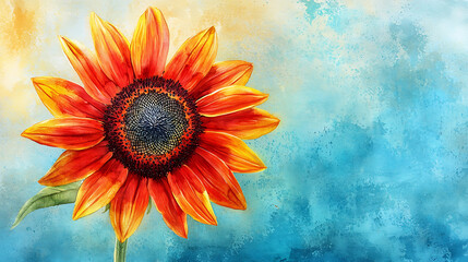 A close up of a bright orange sunflower with a blue background