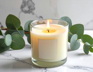 Scented Candle on Marble Surface with Eucalyptus.