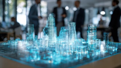 Futuristic digital city model on a table, with blurred office workers in the background