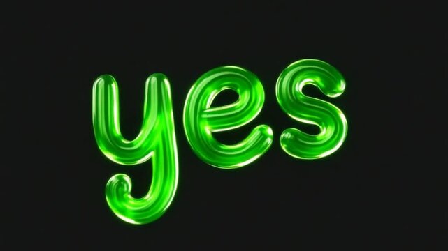 Green Luminous Yes Word Animation on Black Background.