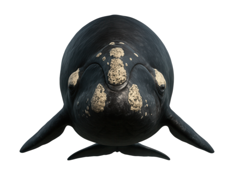 Southern right whale features rough, white patches on dark skin.