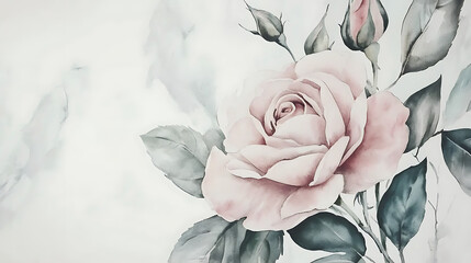 A watercolor painting of a rose with green leaves