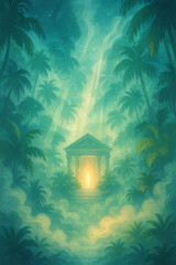 Mystical temple glowing in tropical jungle mist with divine light rays