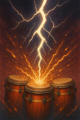 Lightning striking Afro-Caribbean drums symbolizing the power of Changó