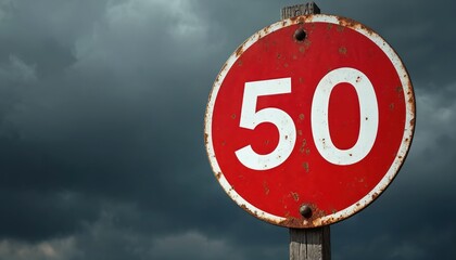 Old weathered 50 kmh speed limit sign on a wooden post against a dark cloudy sky. Rusty metal sign is worn and aged. Number 50 is clearly visible on red and white circle.