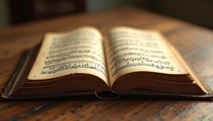Fototapeta premium Open antique sheet music book on wooden table. Vintage musical notes and score displayed in aged book. Classic music history concept. Nostalgic cultural design. Close up illustration of aged paper.
