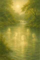 Mystical river spirits appearing in golden light at sunrise