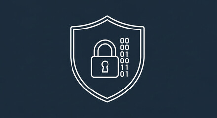 Shield with padlock and binary code representing cybersecurity on dark blue background, symbolizing data protection and digital privacy