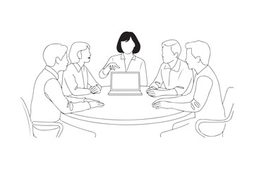 Vector art of business meeting with team around table and laptop isolated