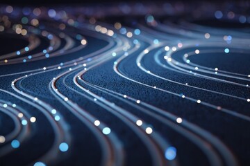 Abstract digital artwork of glowing light trails, simulating data flow. Soft focus, curving paths