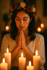 Young Woman Praying Surrounded by Candles and Wearing a Flower Crown