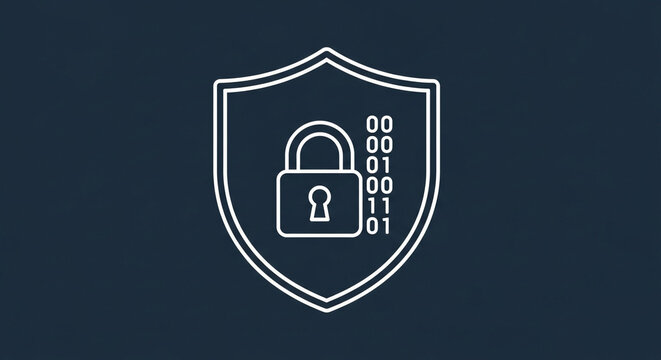 Shield with padlock and binary code representing cybersecurity on dark blue background, symbolizing data protection and digital privacy