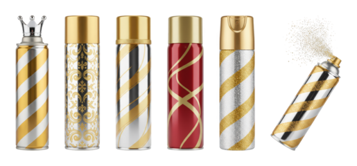Luxury spray bottle set including metallic, patterned, and glitter designs isolated. Premium product packaging and festive celebration concepts.