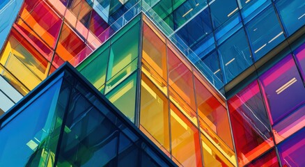 Multicolored glass building facade, modern architecture with vibrant and colorful glass panels