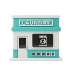 3d modern laundry service building with washing machine icon and clean apparel services transparent background