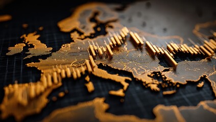 A detailed 3D map of Europe with overlaid golden bar graphs representing financial data