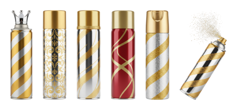 Luxury spray bottle set including metallic, patterned, and glitter designs isolated. Premium product packaging and festive celebration concepts.
