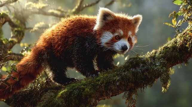 Red panda climbing tree branch cute animal wildlife nature conservation endangered species adorable mammal forest - Powered by Adobe