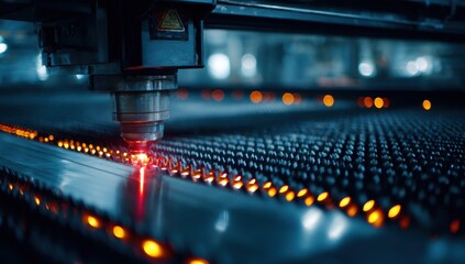 Industrial laser cutter in action, vaporizing material with precision and generating glowing sparks