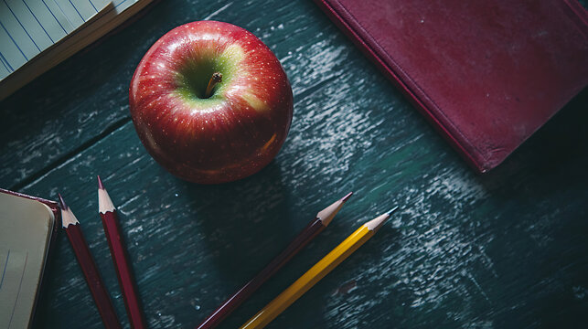 A red apple sits on a table next to a pencil and a notebook