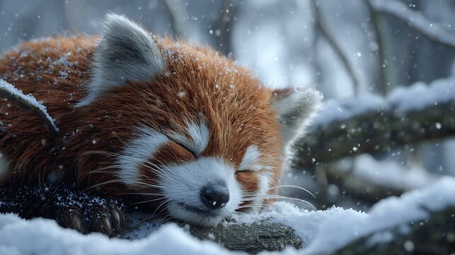 Sleeping red panda in winter snow cute animal wildlife nature photography adorable furry mammal endangered species