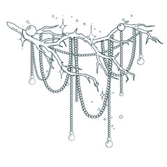 An artistic composition of a leafless branch with elegant beaded strands and subtle starlight. This versatile hand-drawn illustration is great for wedding invitations and minimalist branding.